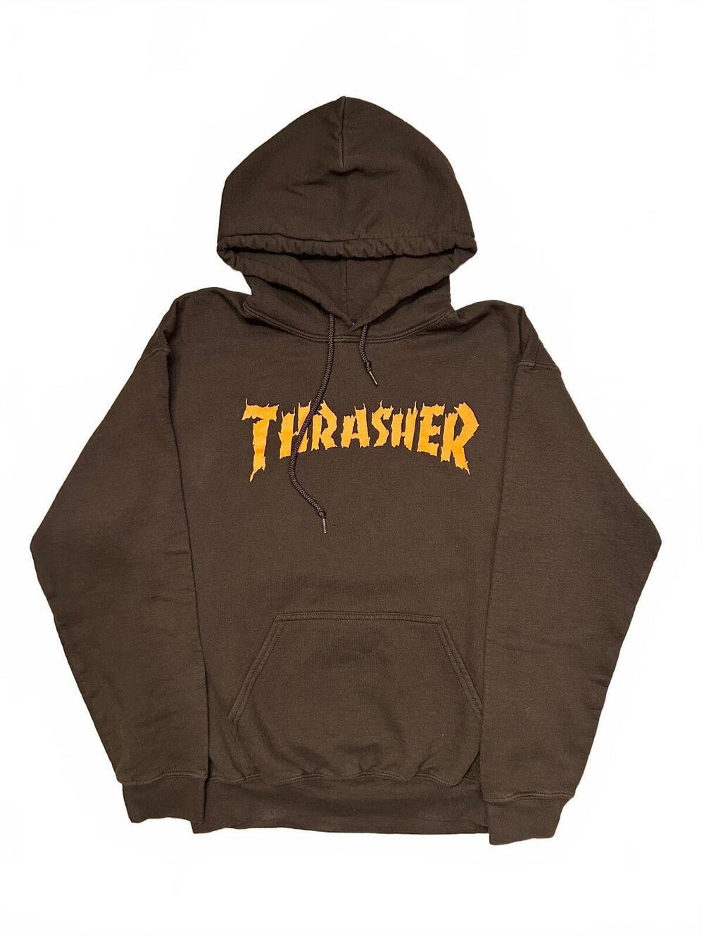 Thrasher Burn It Down Brown Hoodie Sweatshirt Skate Skeleton Graphic Size M